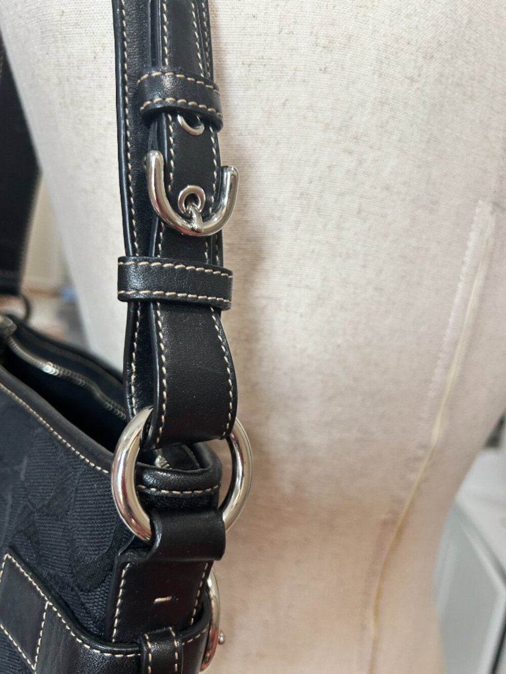 Coach Signature Shoulder Bag | Black Monogram Canvas Leather Buckle Accent - Picture 10 of 13